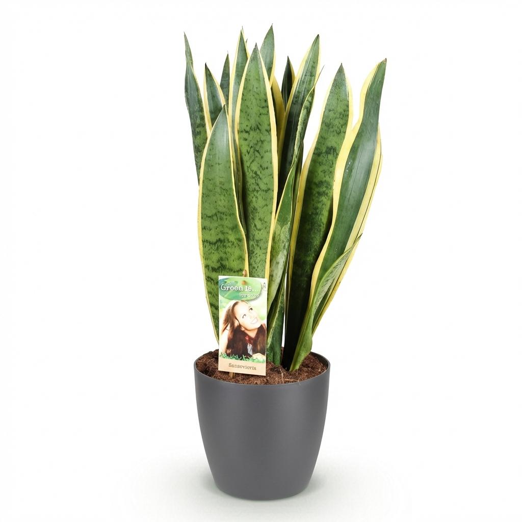 Green BoutiQ - Kamerplanten - Sansevieria Laurentii - Vrouwentong - Weinig onderhoud - Groen - 1 Plant - met Potter Grijs - Pot 21cm - Hoogte 70-80cm