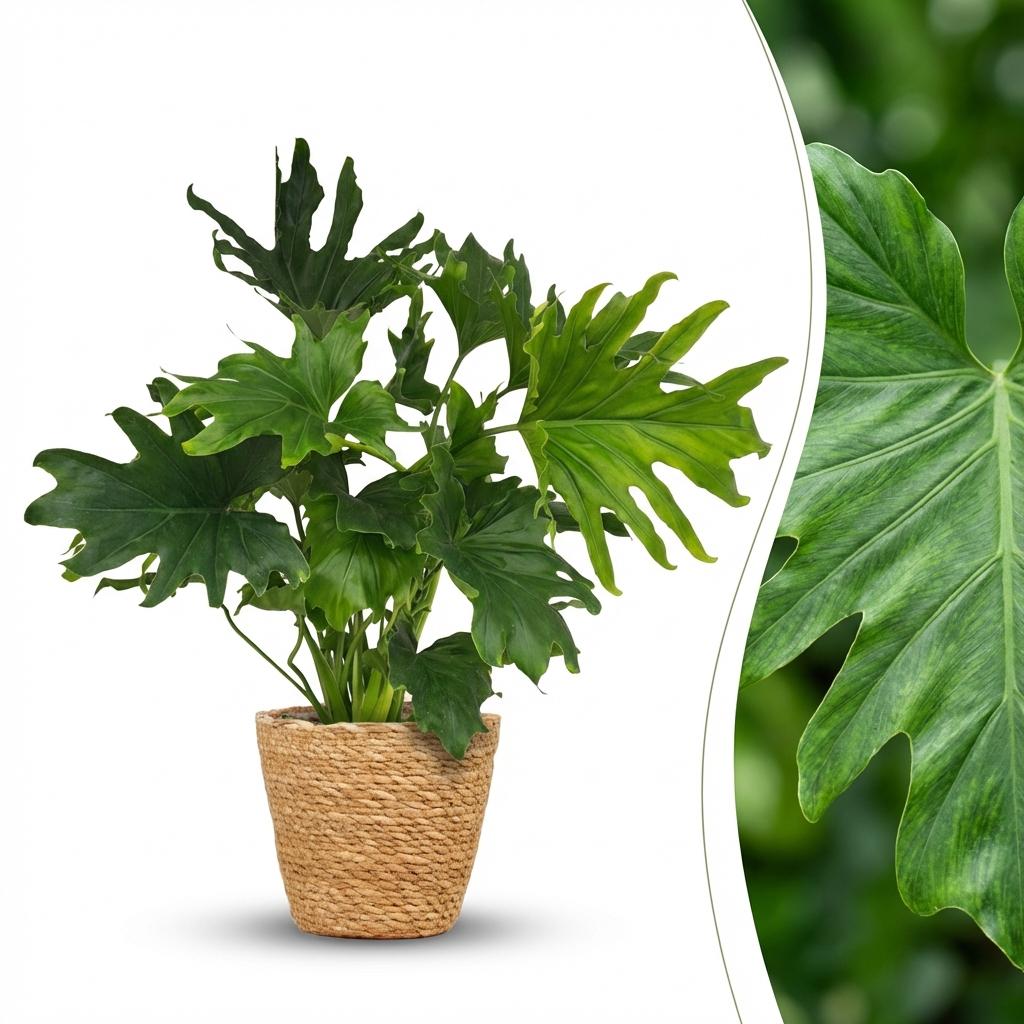 Green boutiQ - Kamerplant - Philodendron - Philodendron Lickety split - Groen - Weinig onderhoud - 1 Plant - met Mand - Pot 19cm - Hoogte 70cm