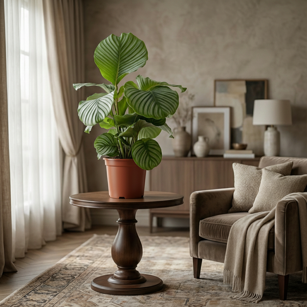 Green boutiQ - Kamerplant - Pauwenplant - Calathea Orbifolia - Groen - Weinig onderhoud - 1 Plant - Pot 21cm - Hoogte 60 - 70cm