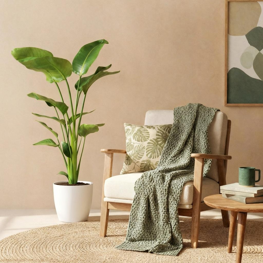 Green BoutiQ - Kamerplanten - Strelitzia Nicolai - Paradijsvogelbloem - Weinig onderhoud - Groen - 1 Plant - met Potter Grijs - Pot 21cm - Hoogte 110-120cm