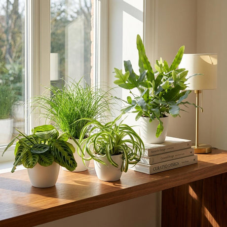 Green boutiQ - Kamerplant - Chlorophytum - Cyperus - Phlebodium - Marantha - Mix van 4 - Huisdiervriendelijke Planten - Groen - 4 Planten - met Mand - Pot 12cm - Hoogte 25cm